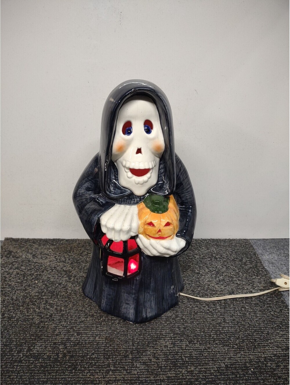16" Vintage Grim Reaper, Skeleton, Holding Jack-o'-Lantern and Lantern, Ceramic